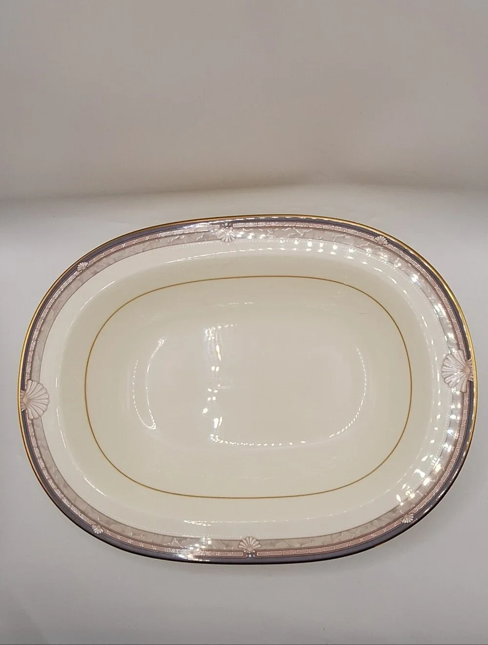 Noritake Japanese Bone China #9748 Cream Gold & Gray Trim Oval Serving Platter